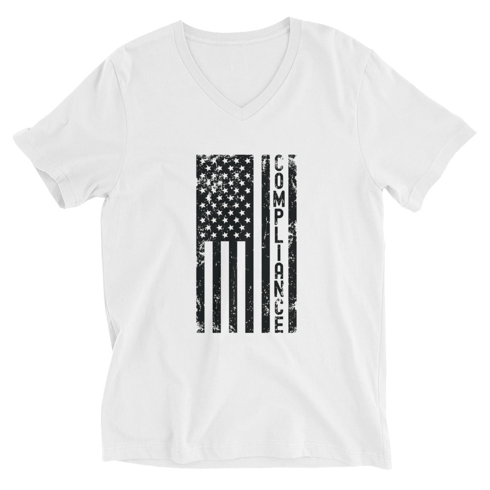 Unisex Short Sleeve V-Neck T-Shirt | Compliance (deisgn on American flag)