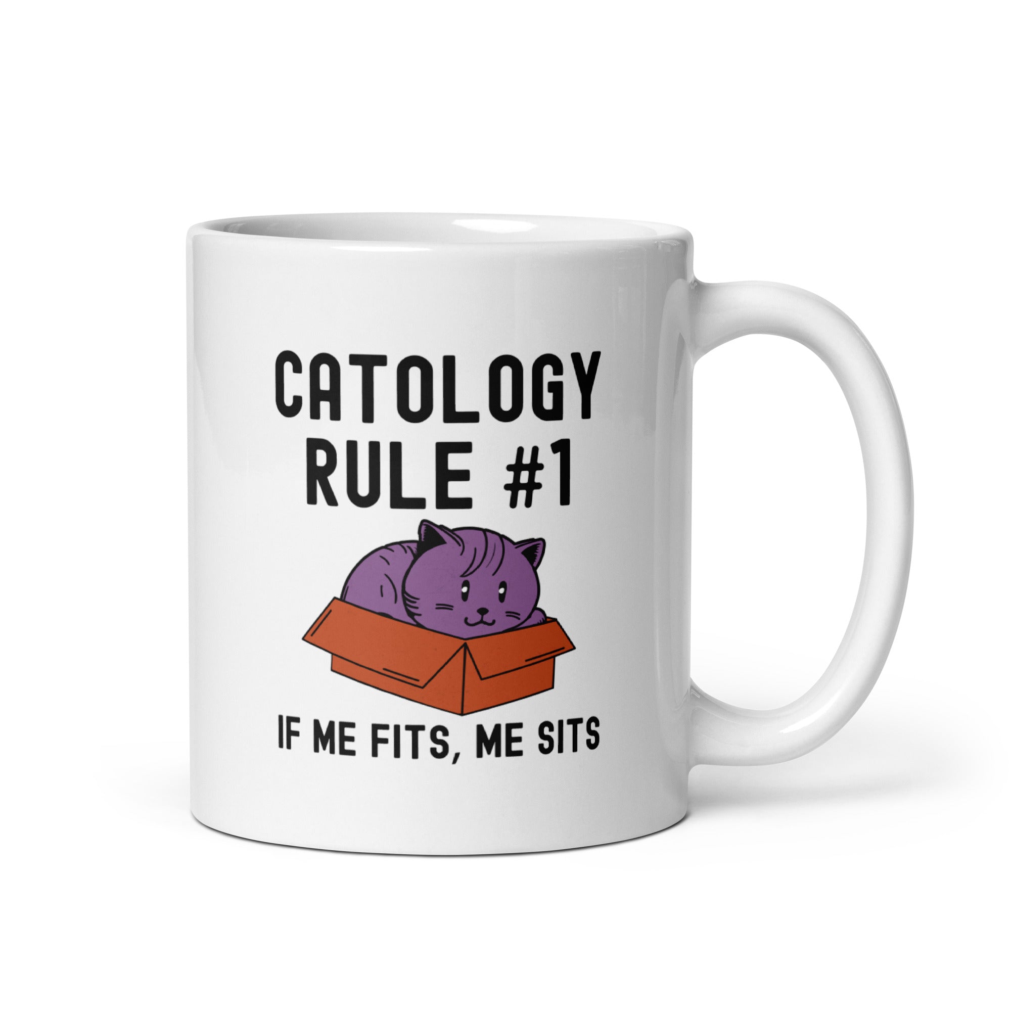 White glossy mug | Catology Rule #1 IF ME FITS, ME SITS